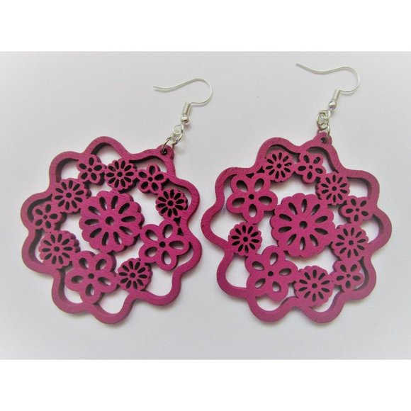 Purple carved large flower wooden earring hobo stainless steel nickel free posts - Picture 1 of 5